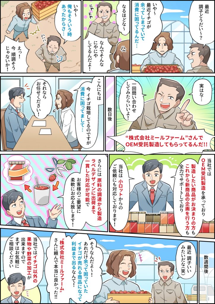 大阪府和泉市のある株式会社ミールファームでは、小ロットからでもOEM受託製造ができます。
消費に困っている農家の方・新商品開発をお考えの方、相談のみでも構いません。
株式会社ミールファームなら、原料の調達から製造、ラベル制作や出荷まで、一貫して対応が可能です。
是非一度ご相談くださいませ。